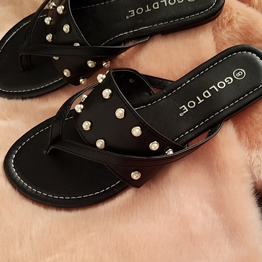 Gold Toe Black Flat Sandals